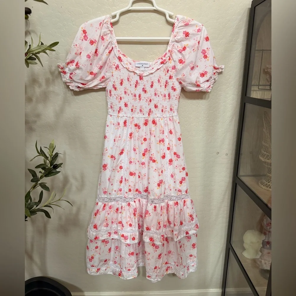 LoveShackFancy White Dress with Pink Floral Print 100% Cotton